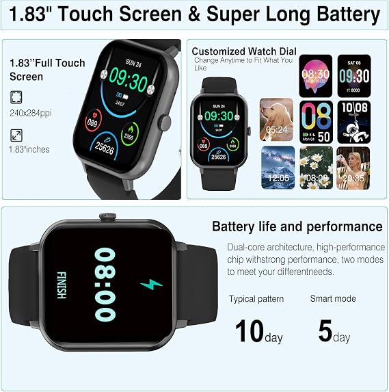 Smart Watch for Men Women Compatible with iOS Android Phone, 1.83 Full Touchscreen IP68 Waterproof Smartwatch,Fitness Tracker with Make/Recive Call 123+ Sport Modes Heart Rate/Sleep Monitor