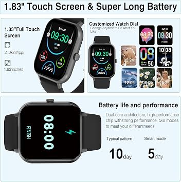 Smart Watch for Men Women Compatible with iOS Android Phone, 1.83 Full Touchscreen IP68 Waterproof Smartwatch,Fitness Tracker with Make/Recive Call 123+ Sport Modes Heart Rate/Sleep Monitor