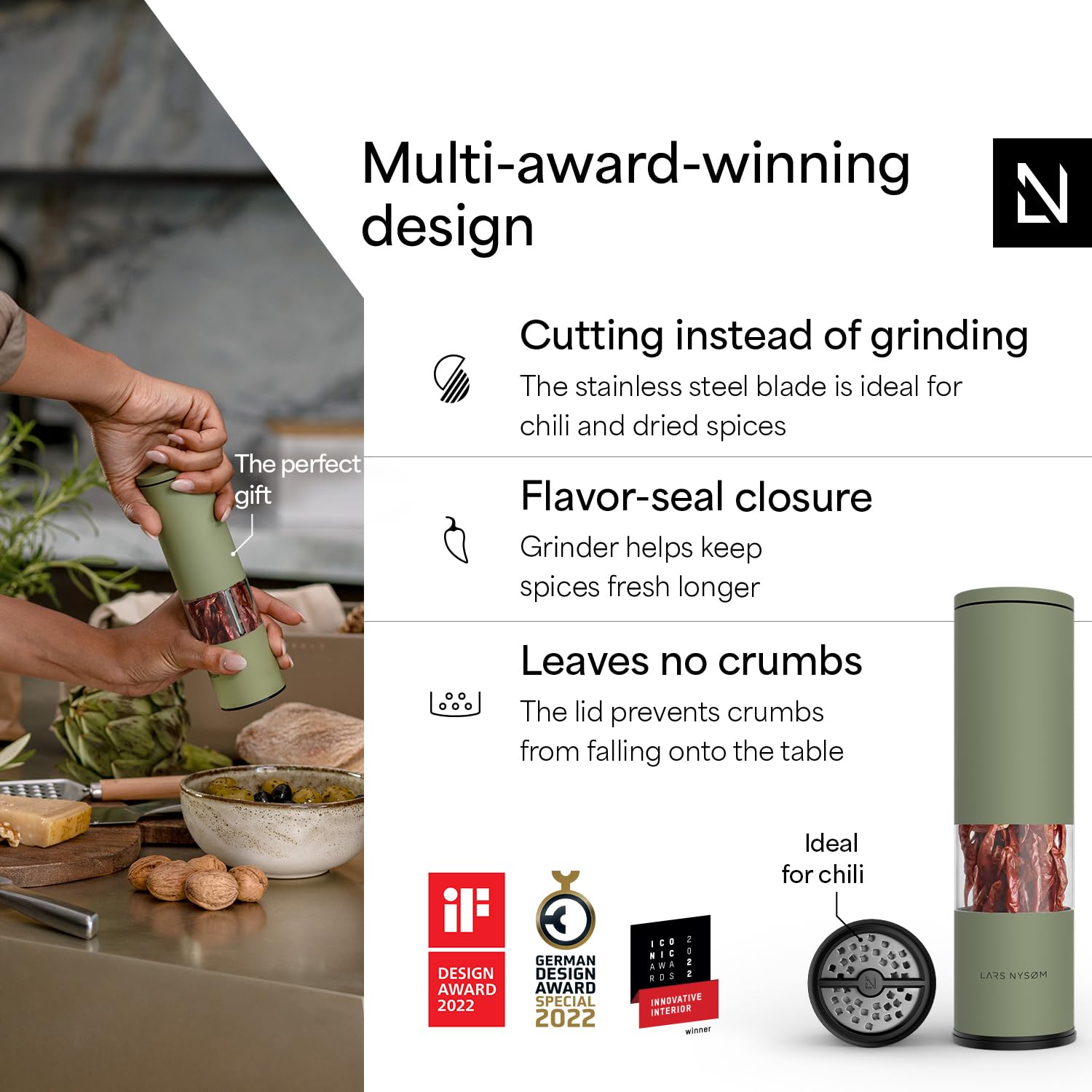 Molino de chile con hoja de corte de acero inoxidable I Cortador de chile premium I Design Spice Mill (verde salvia) 2