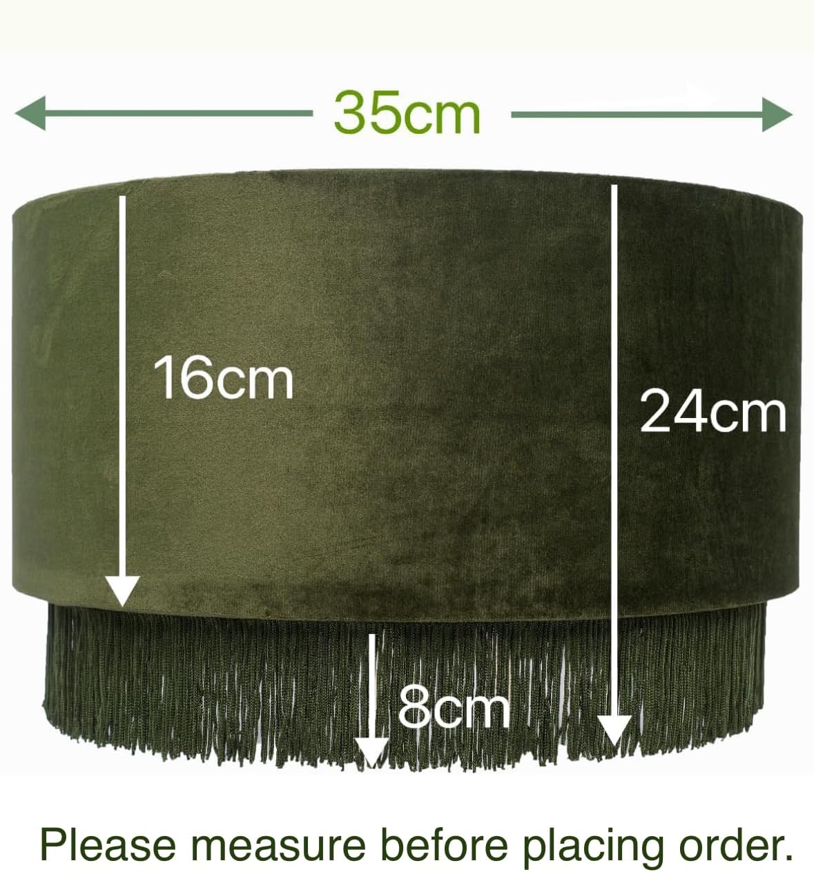 Tristan Home Premium Velvet Drum Lamp Shade with Fringe (Olive Green) 35cm Width 24cm Height Including Fringe, Medium