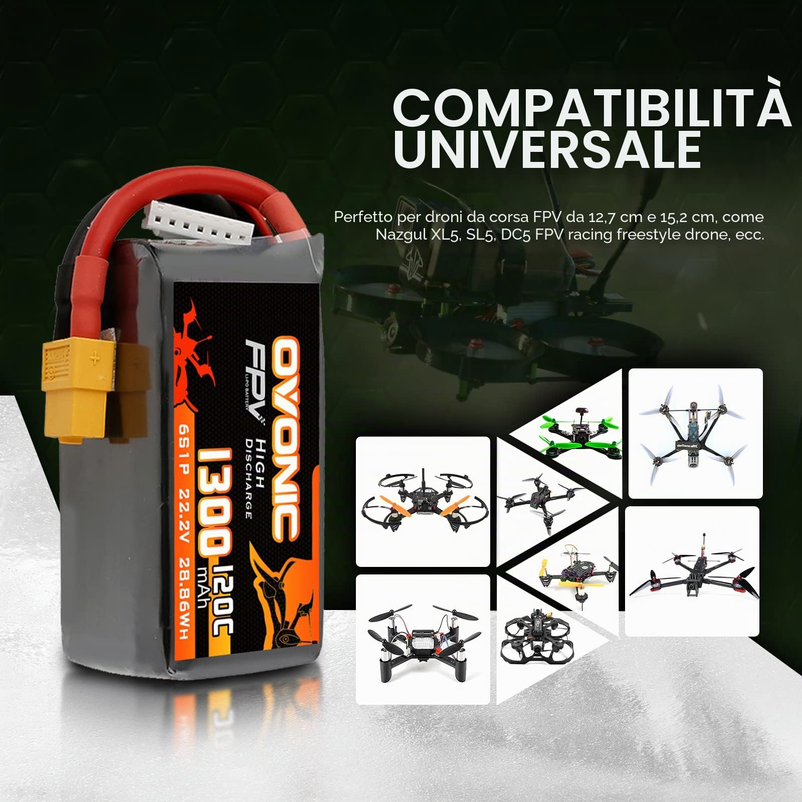 OVONIC Batteria Lipo da 6s, 1300 mAh, 22,2 V, 120 C, con spina XT60, per elicottero RC FPV, aereo, quadricottero, hobby racing (2 pezzi)