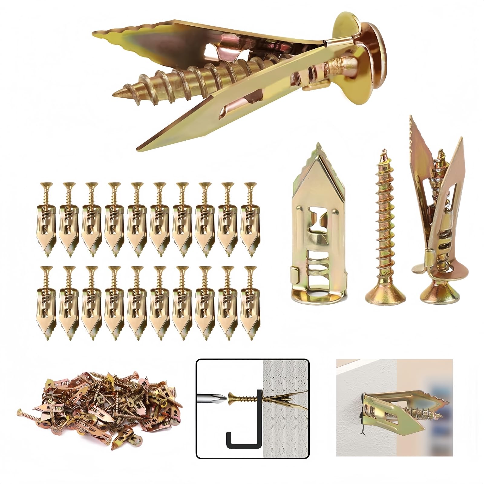 Xfopz 100 Pcs Self Drilling Drywall Anchors with Screws, Sheetrock Anchors (0.47x1.18 Inch) & Zinc Expansion Screws, Zinc Plated Steel, No Drill Needed for Wall Hanging