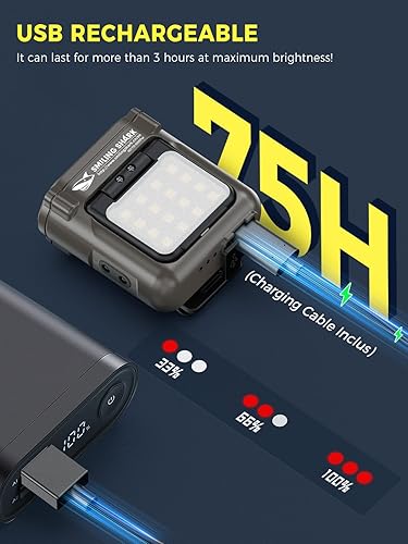 Miniatura 4 de Smiling Shark Luz LED con clip, faro USB recargable impermeable con 2 tipos de luz blanca y roja compacta y portátil con sensor de movimiento para