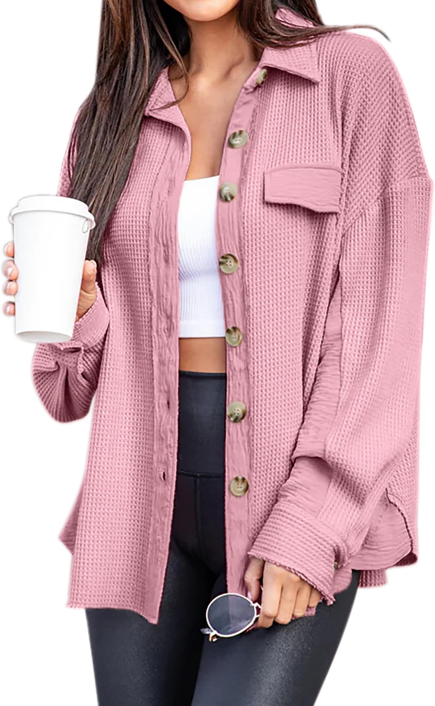 Lingswallow Womens Waffle Knit Shacket Jacket Oversized Button Down Shirt Waffle Knit Tops for Women 2023 Pink