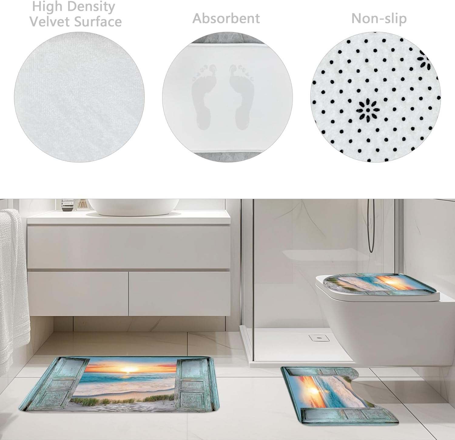 Riyidecor Beach Sea 4Pcs Bathroom Shower Curtain Sets Ocean Barn Door Teal Bathroom Decor Set with Rugs and Accessories Toilet Lid Rug, Contour and Bath Mat with 12 Hooks