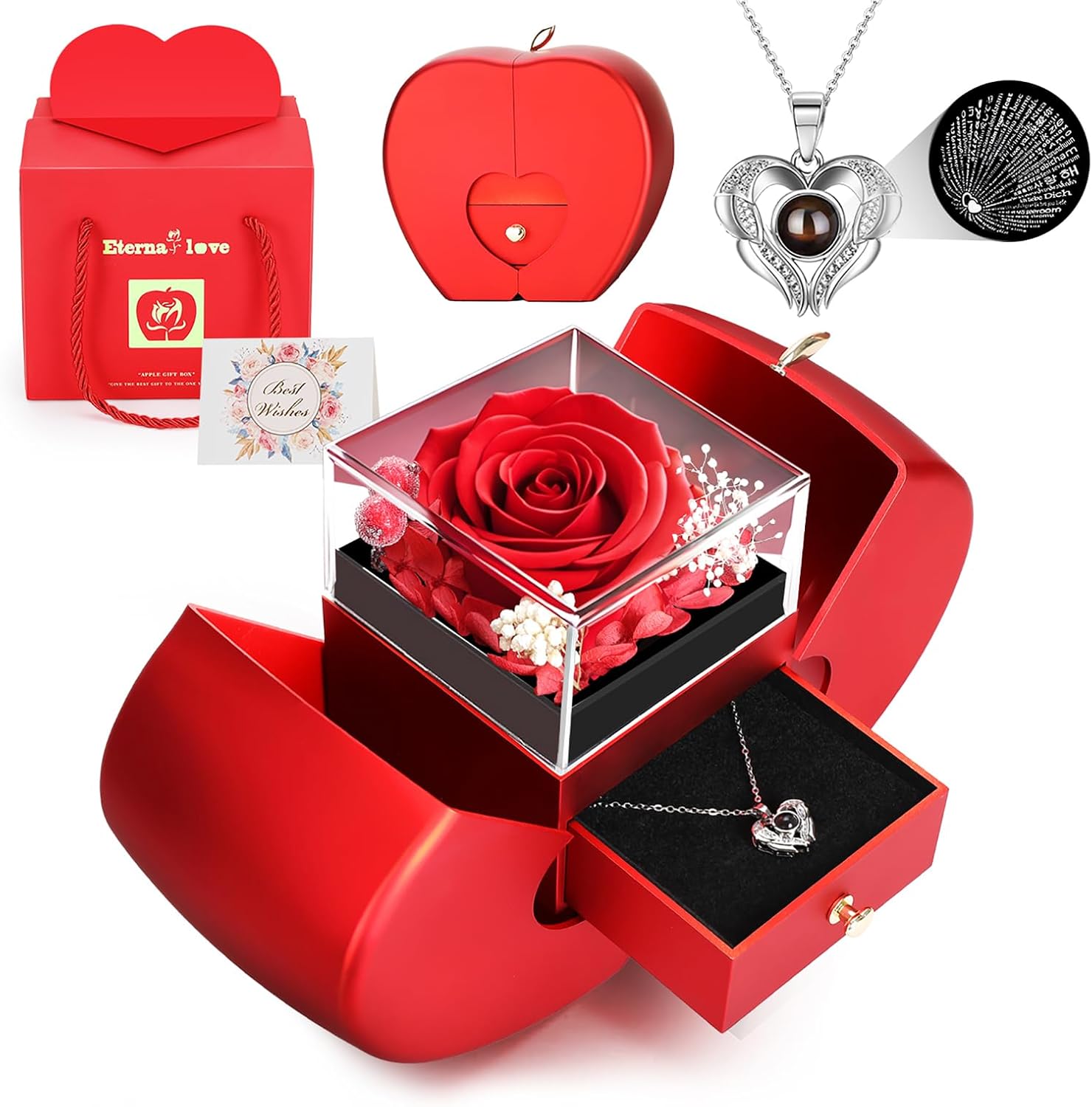 Preserved Flowers Rose Gifts with I Love You 100 Languages Necklace,Birthday Gifts for Women Her Mom Wife Girlfriend Grandma-Mothers Day valentines day Thanksgiving