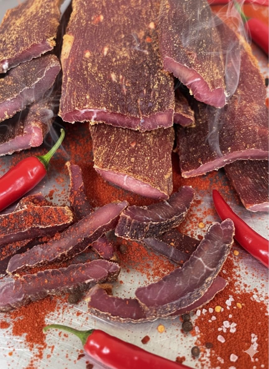 Edelfleisch 5x100 Gramm Beef Jerky Biltong geschnitten 10 Sorten zur Auswahl (Harissa scharf)