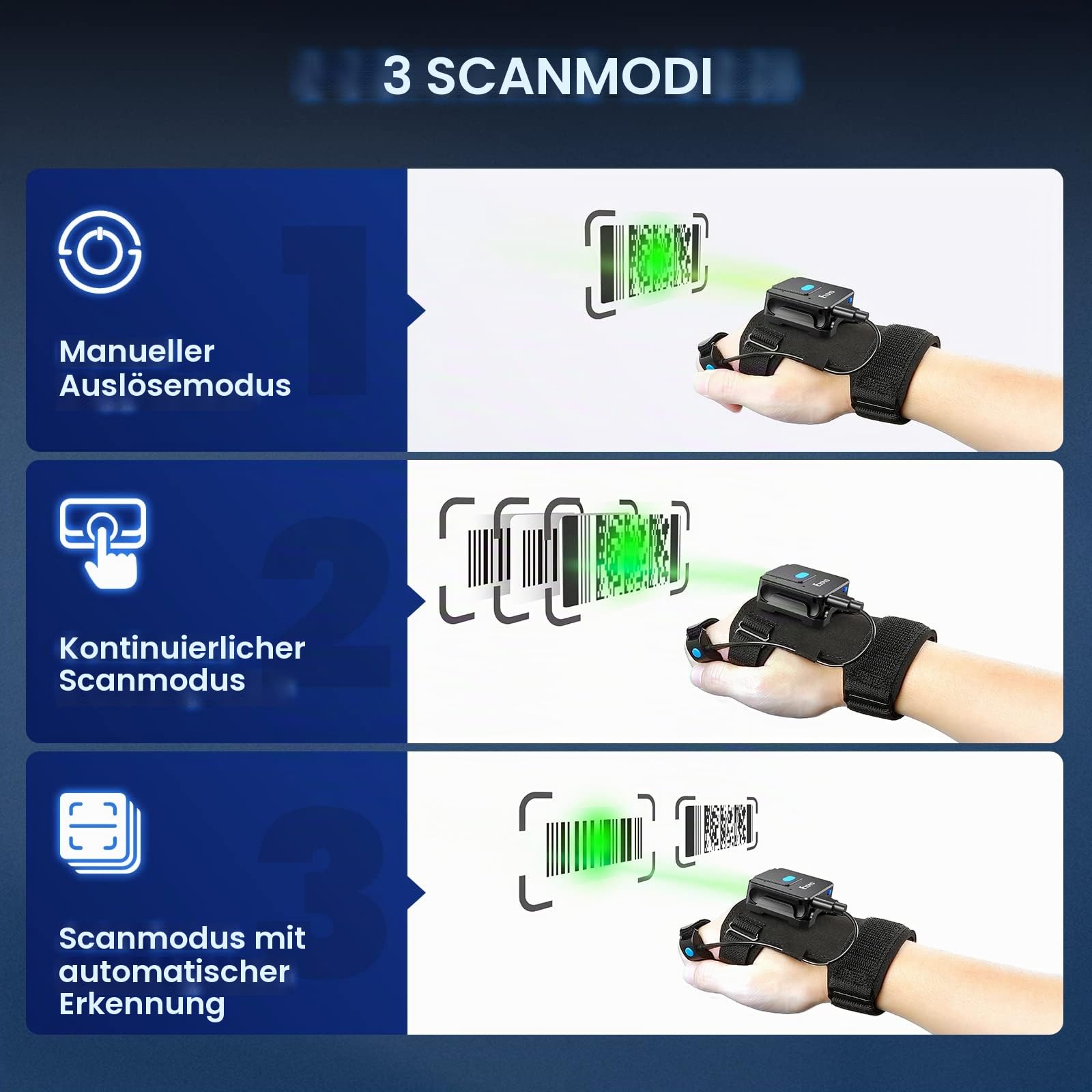 Eyoyo Wearable Glove QR Code Scanner, 1D 2D Finger Ring Bluetooth Barcode Scanner, Links & Rechts Hand Tragbar, Tragbare Drahtlose Buch Inventar Barcode Leser Kompatibel Mit iPhone iPad Android Tablet
