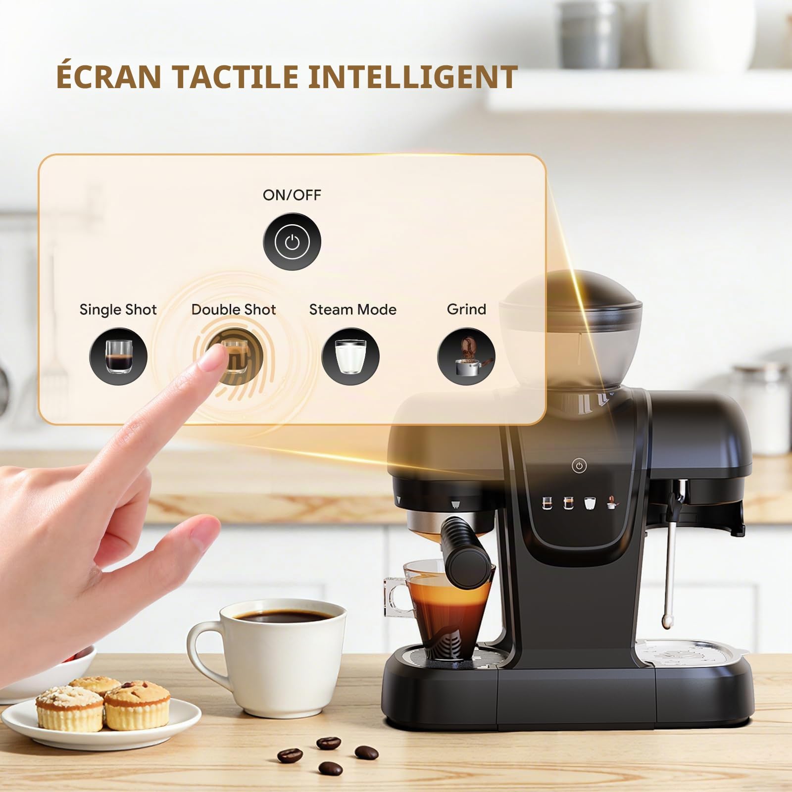 RECAFIMIL Machine à expresso 19 bars avec moulin à haricots, machine à café 2 en 1 pour café moulu, cappuccino et latte avec mousseur à lait, écran tactile, réservoir d'eau amovible (noir)