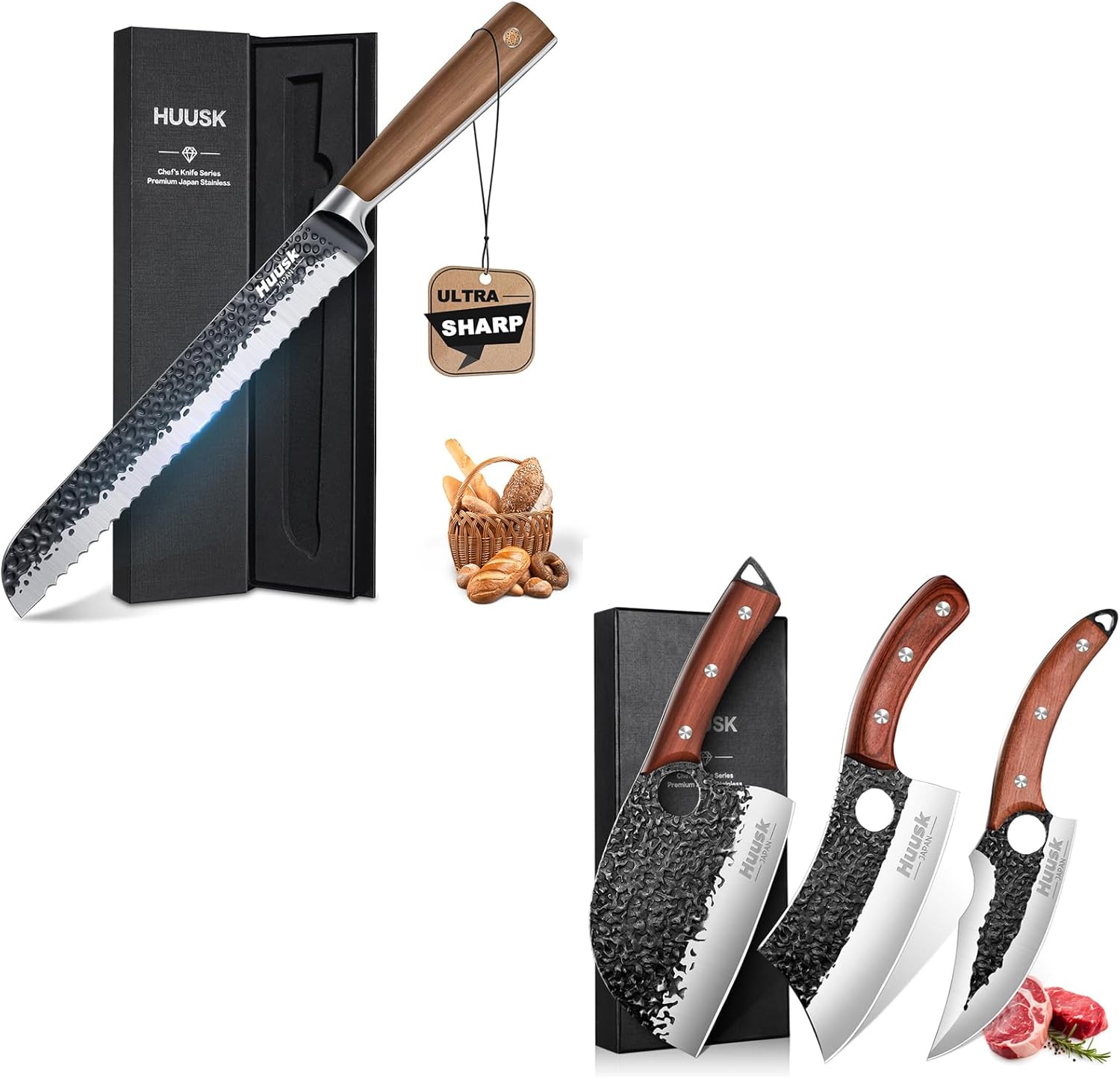 Huusk Bread Knife and Butcher Knife Set, 8 Inch Serrated Bread Knife, Hand Forged Serbian Chef Knife Viking Boning Knife Cleaver Knife, Bread Cutting Knife with Wavy Edge, Kitchen Knife Set with Gift