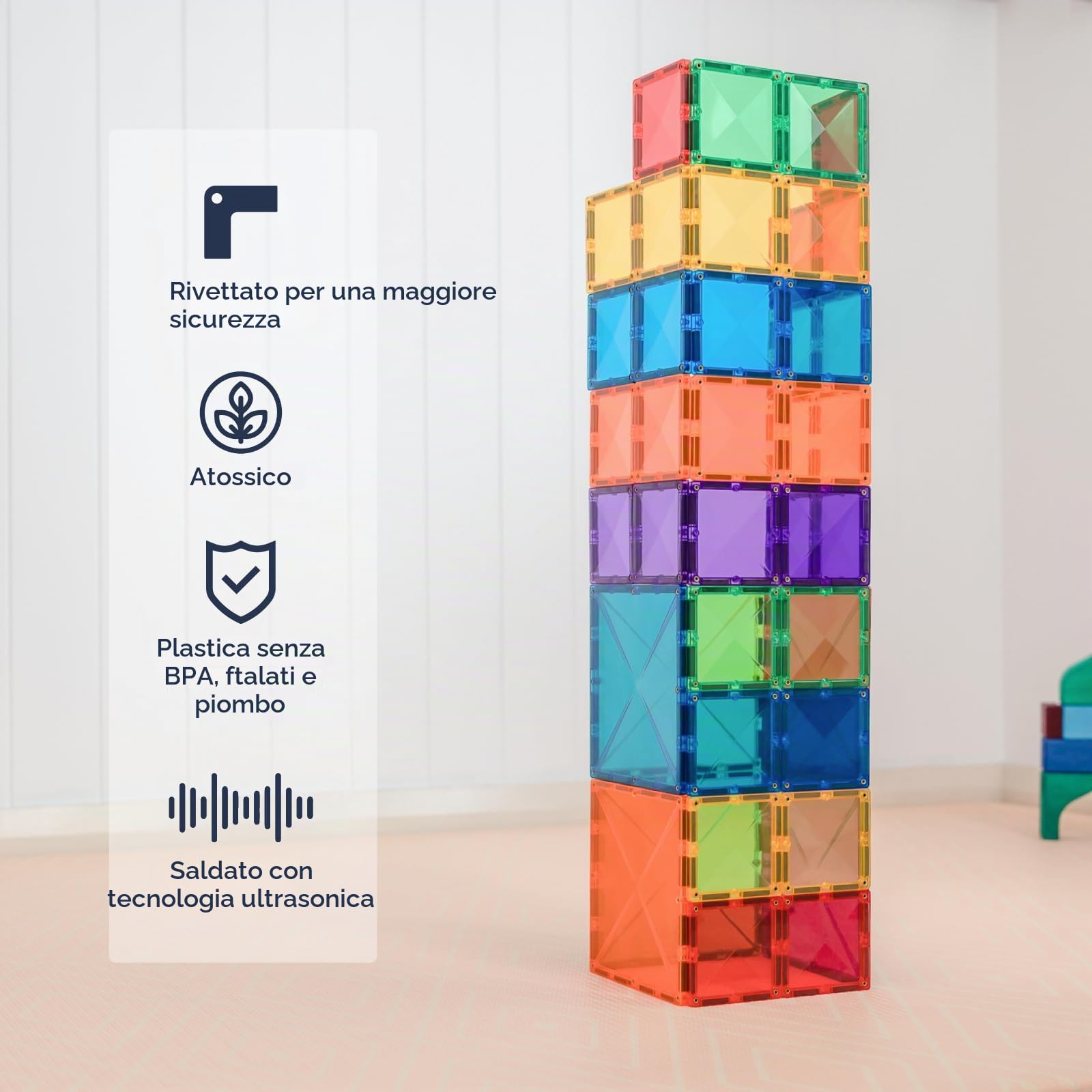 CONNETIX Piastrelle Magnetiche Arcobaleno Pacchetto Quadrato, 42 Pezzi