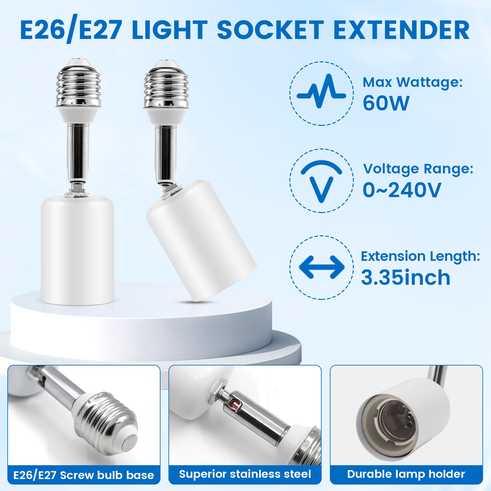 E27 Adaptateur de base extension, E27 Prolongateur de douille de lampe, Adaptateur de support de lampe, Métal et céramiques Matériaux, Blanc, 3pcs