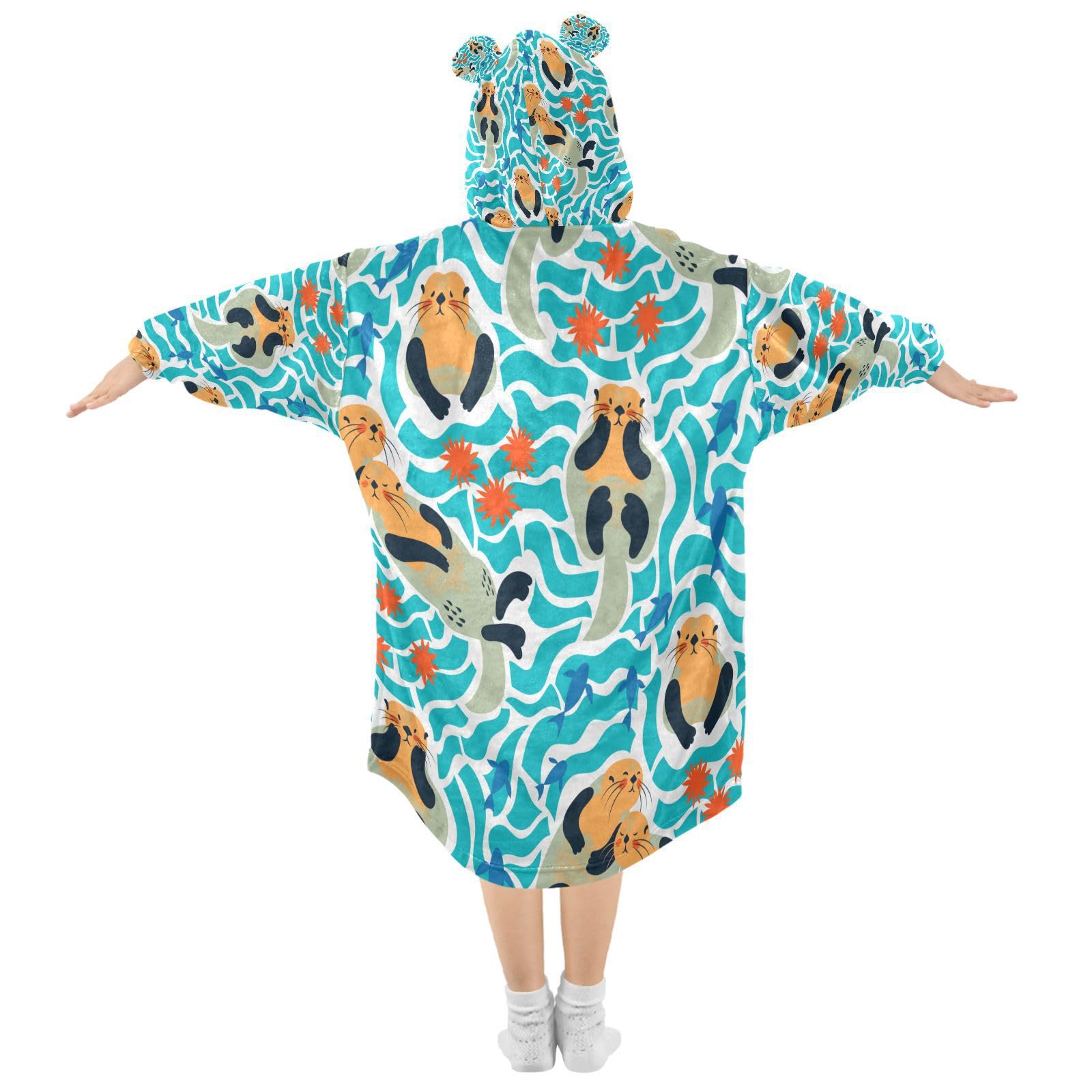 Lovely Sea Otters Fishes Wearable Blanket Hoodie Kids Oversized Flannel Blanket Sweatshirt with Large Pocket, Boy Girl Gift L