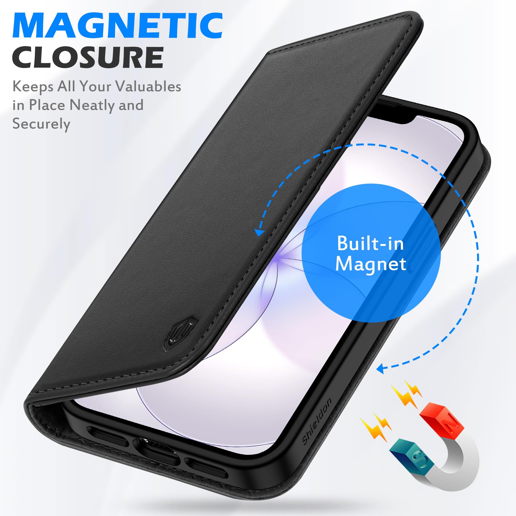 SHIELDON Funda para iPhone 17e/iPhone 16e 6.1", Cartera de Cuero Genuino [Tarjetero] [Soporte] [Bloqueo RFID] Carcasa TPU Folio Magnética Leather Wallet Case Compatible con iPhone 16e/17e 2026 - Negro