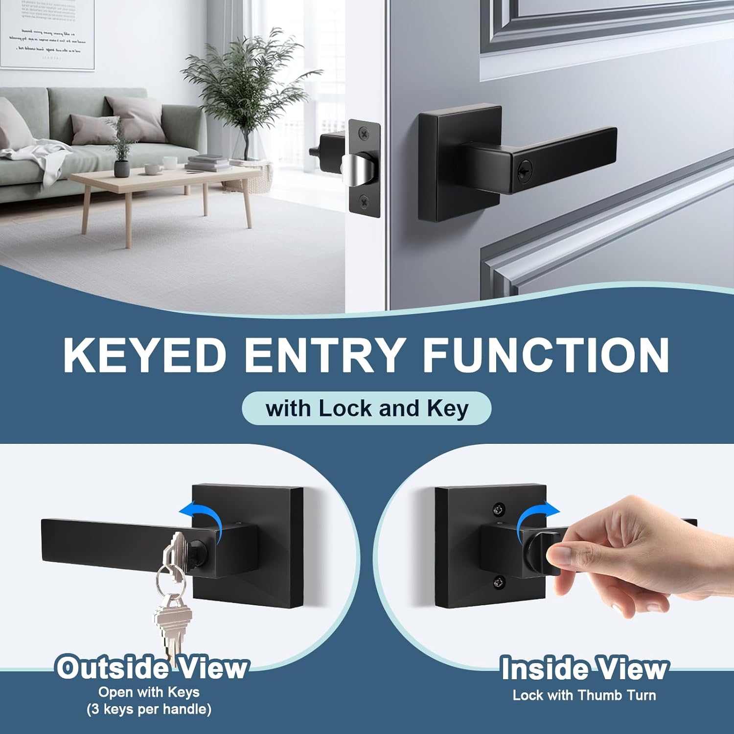 KNOBWELL 1 Pack Door Handles with Lock and Key, Matte Black Exterior Door Handlesets for Front Door/Gate/Garage(Different Keys)