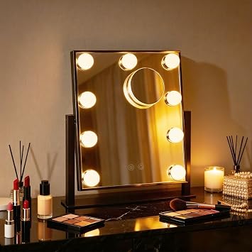 Vanity Mirror with Lights, Lighted Vanity Mirror with 9 Dimmable Bulbs for Dressing Room & Bedroom, 3 Color Lighting Modes, Detachable 10x Magnification 360Ratation Black