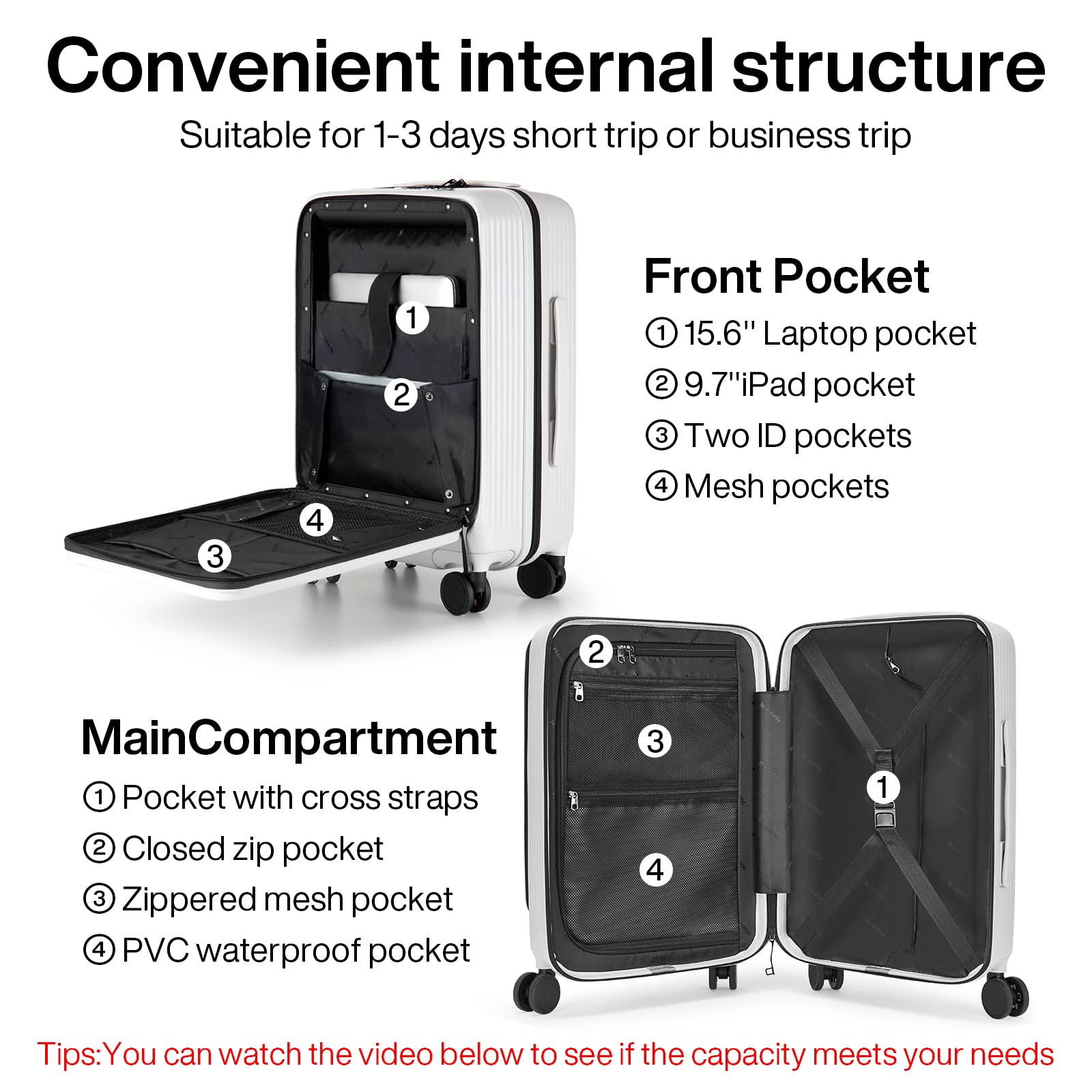 Hanke Upgrade Carry On Luggage with Front Laptop Pocket, 20'' PC Hard Case Suitcases with Spinner Wheels & TSA Lock,Rolling Luggage for Business Travel and Short Trip(Grayish white)