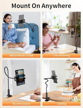 Tablet Holder Stand for Bed with Flexible Long Arm Tablets Mount Clamp | Gooseneck, 360 Adjustable, Hands Free Tablet Mount Clip, Compatible with iPad/Mini/Tabs/Kindle or More 4.7-12.9 Devices