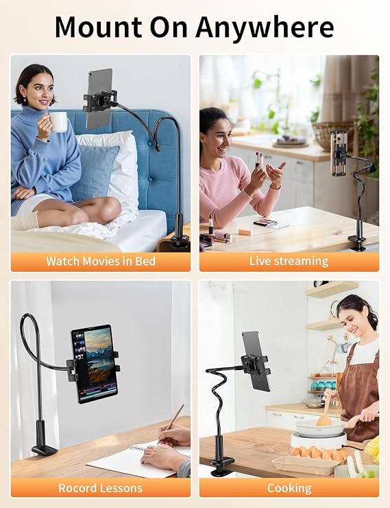 Tablet Holder Stand for Bed with Flexible Long Arm Tablets Mount Clamp | Gooseneck, 360 Adjustable, Hands Free Tablet Mount Clip, Compatible with iPad/Mini/Tabs/Kindle or More 4.7-12.9 Devices