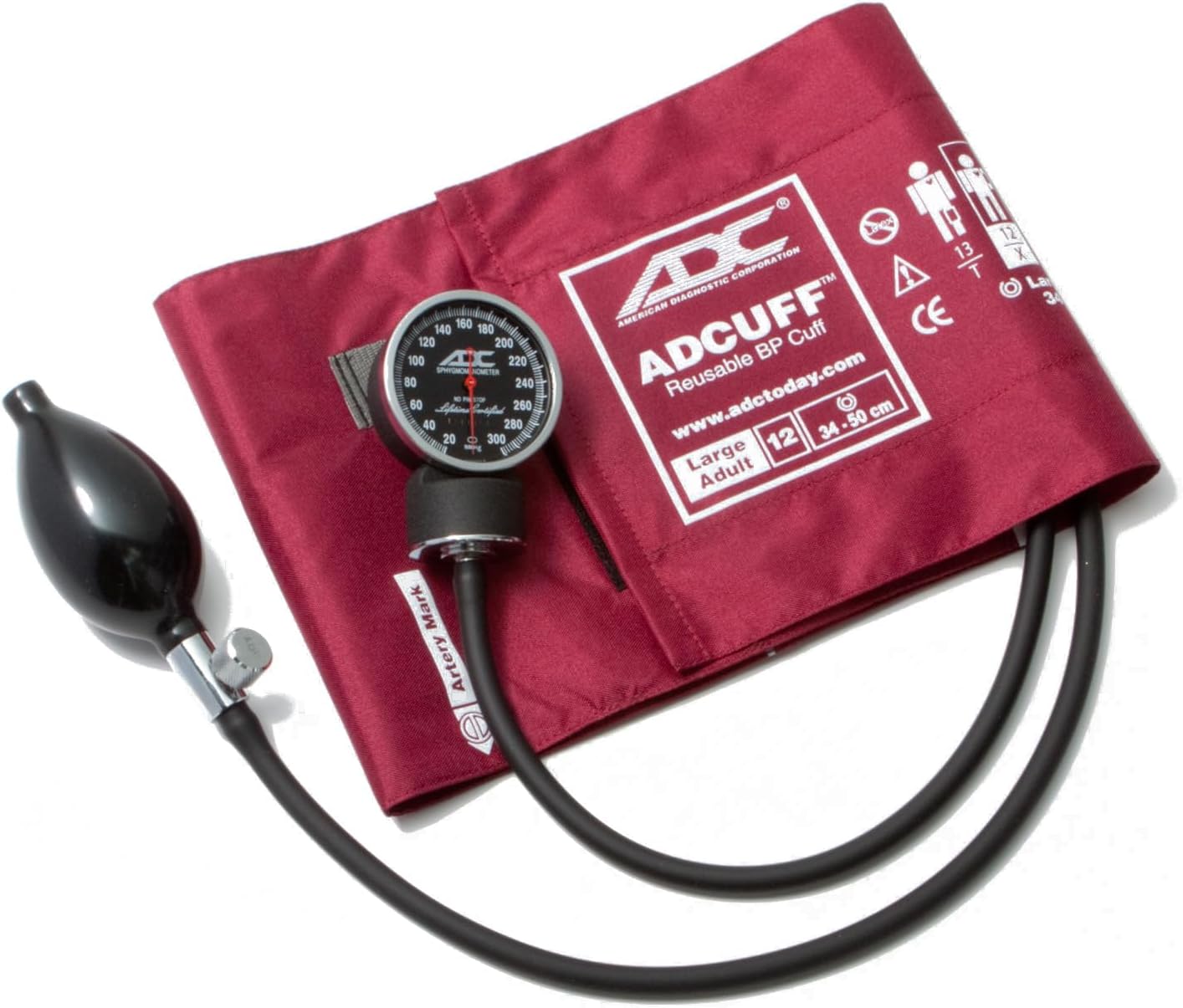 ADC Diagnostix 720 Premium Professional Pocket Aneroid Sphygmomanometer with Adcuff Nylon Blood Pressure Cuff, Large Adult, Burgundy