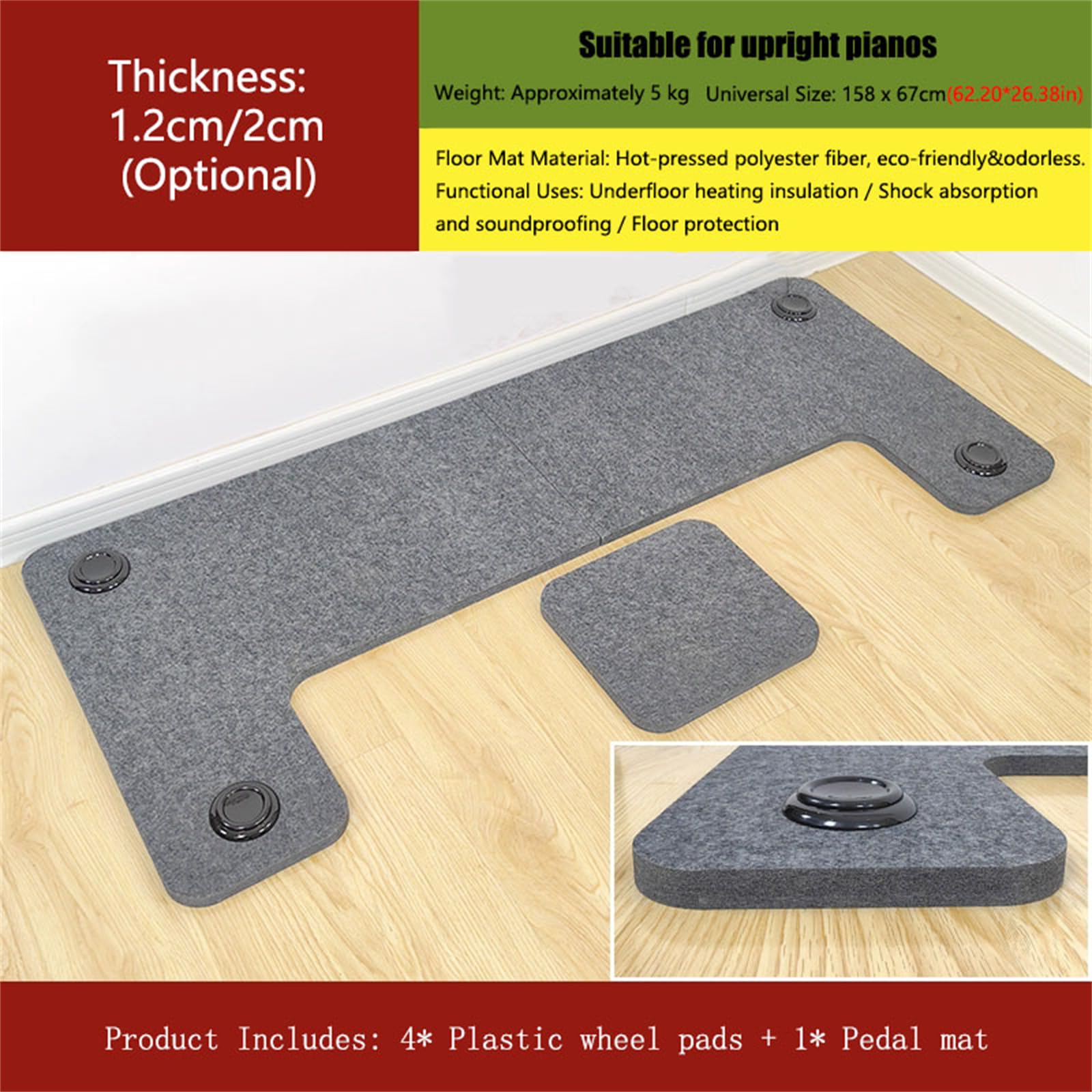 Tappeto insonorizzante per Pianoforte, Tappeto Protettivo per Pianoforte Verticale, riduzione del Rumore, Antiscivolo, termoisolante, Cuscinetti acustici, Tappetino insonorizzante per pavime