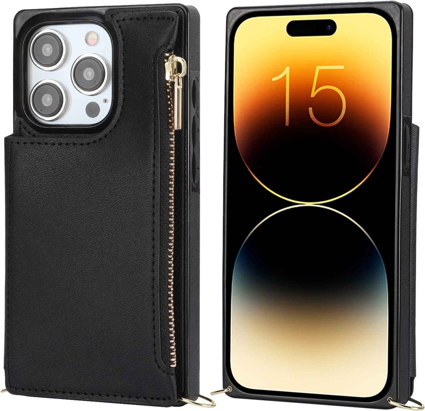 Bocasal Crossbody Wallet Case for iPhone 15 Pro with RFID Blocking Card Slot Holder, Magnetic Flip Folio Purse Case, PU Leather Zipper Handbag with Detachable Lanyard Strap 6.1 Inch 5G (Black)