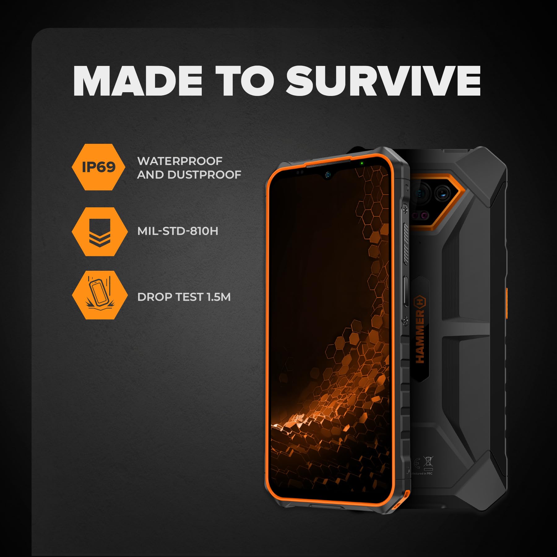 Hammer Iron V 6GB/64GB Telefono Indistruttibile, Camera 50 MP + Visione Notturna 24 MP, Batteria 6320 mAh, NFC, Smartphone Rugged Con Dual SIM, IP69, Display 6,5", Nero/Arancione