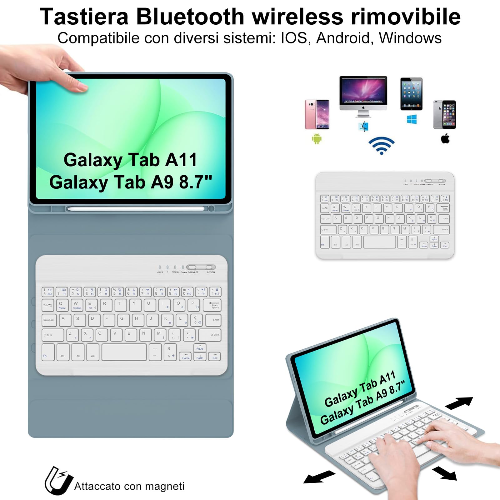 IVEOPPE Tastiera per Samsung Galaxy Tab A11 8.7/ Samsung Galaxy Tab A9 8.7, Cover Tastiera Italiano QWERTY, Senza Fili Bluetooth Staccabile Custodia Keyboard con Portapenna, Blu Grigio