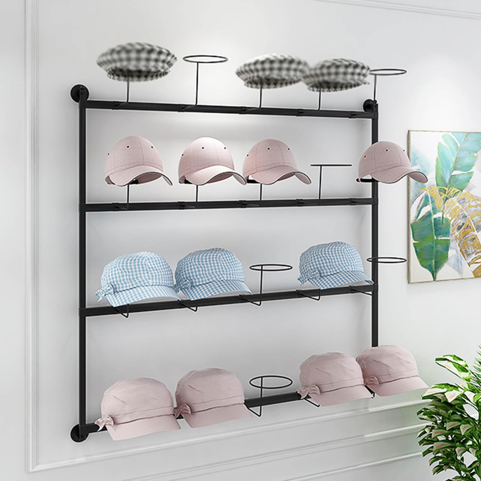 OLSKFUH Adjustable 4 Tier Metal Hat Rack Stand Commercial Clothing Store Display For Baseball Hats Retail Store Hat Holder For Fedoras Cowboy Hats And Wigs,Black-80 * 100cm
