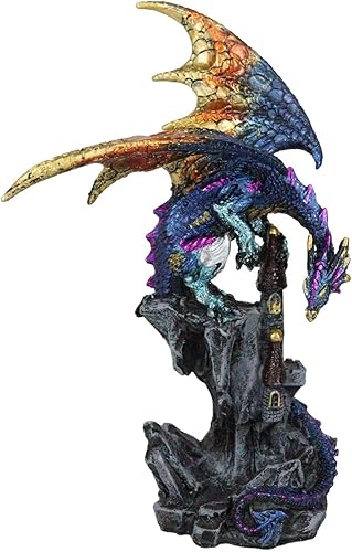 Miniatura 4 de Ebros Gift Estatua de fantasía azul metálico con rayas moradas y doradas de la torre alta de la torre alta que guarda el antiguo castillo medieval