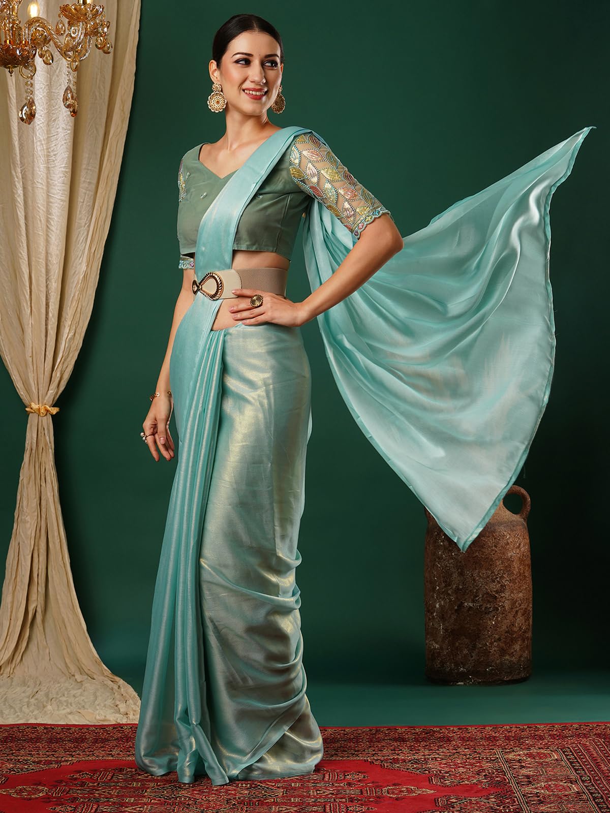 Satrani Women's Shimmer Georgette Dual Tone Saree With Unstitched Blouse Piece (3904S476N_Light Sky Blue)