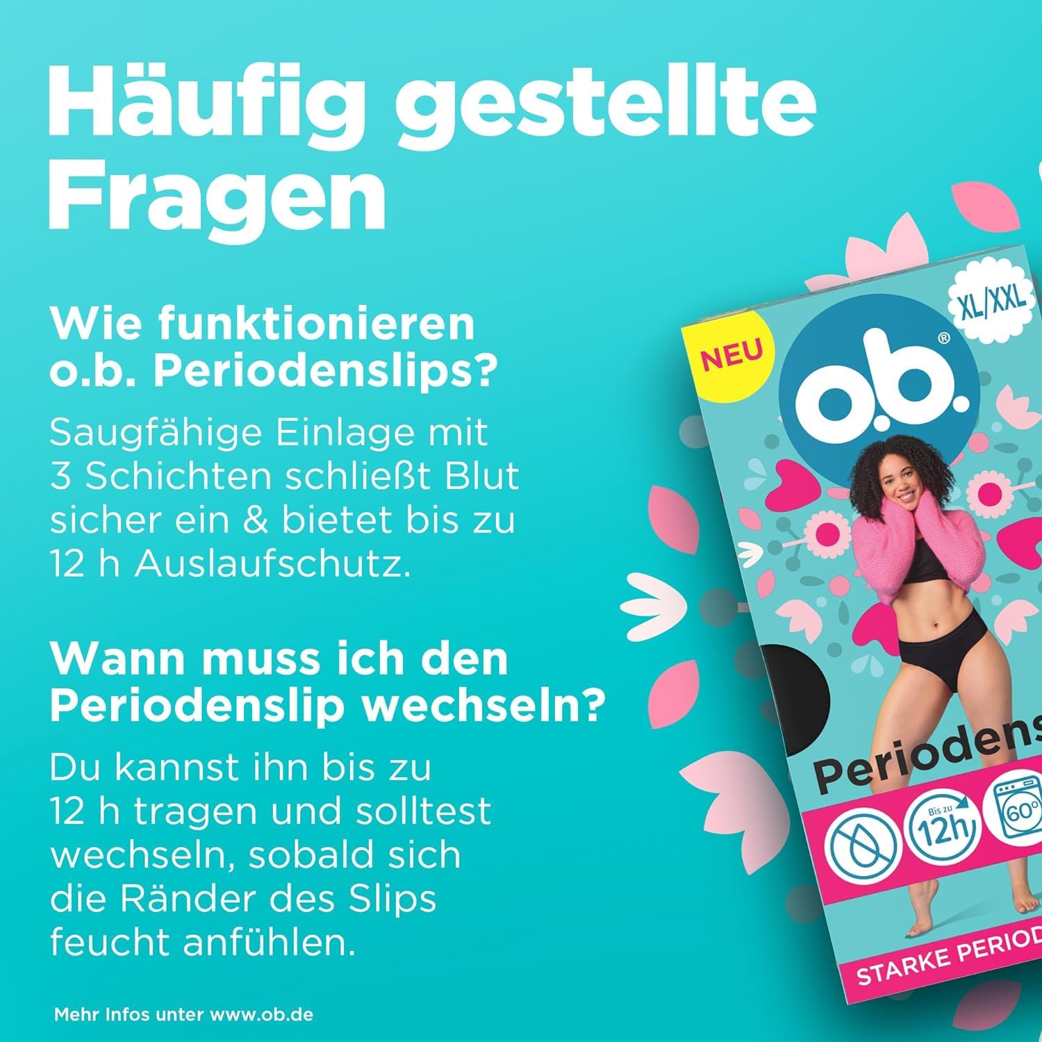 o.b. Periodenslip Größe XL/XXL, wiederverwendbare Periodenunterwäsche bei starker Periode, Menstruationsunterwäsche für bis zu 12 Stunden Auslaufschutz, auch erhältlich in den Größen XS/S, M/L