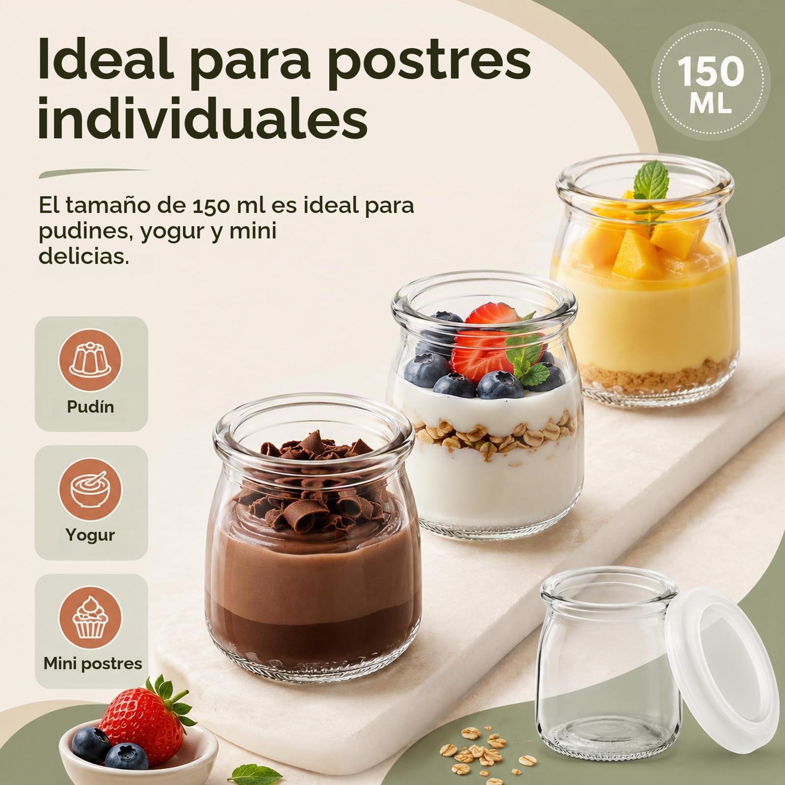 JMIATRY 36 Vasos Yogurtera Con Tapa 150 ml, Vasos Yogurtera, Botes de Cristal con Tapa pare Yogures, Postres y Natillas