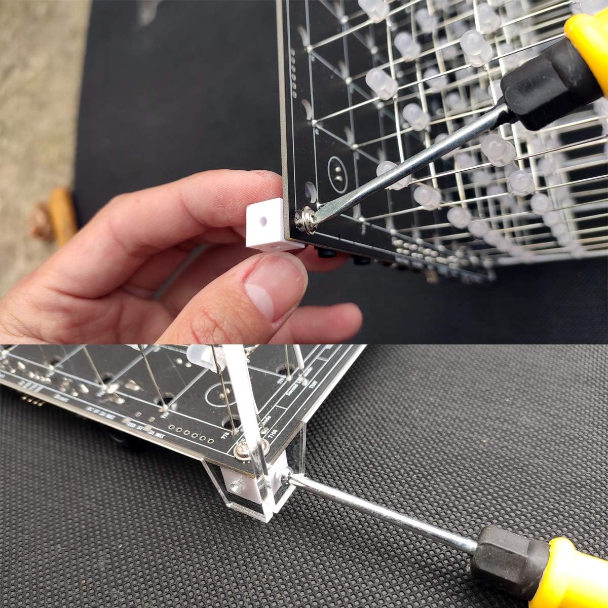 Close-up of screw installation for plastic pellet on PCB