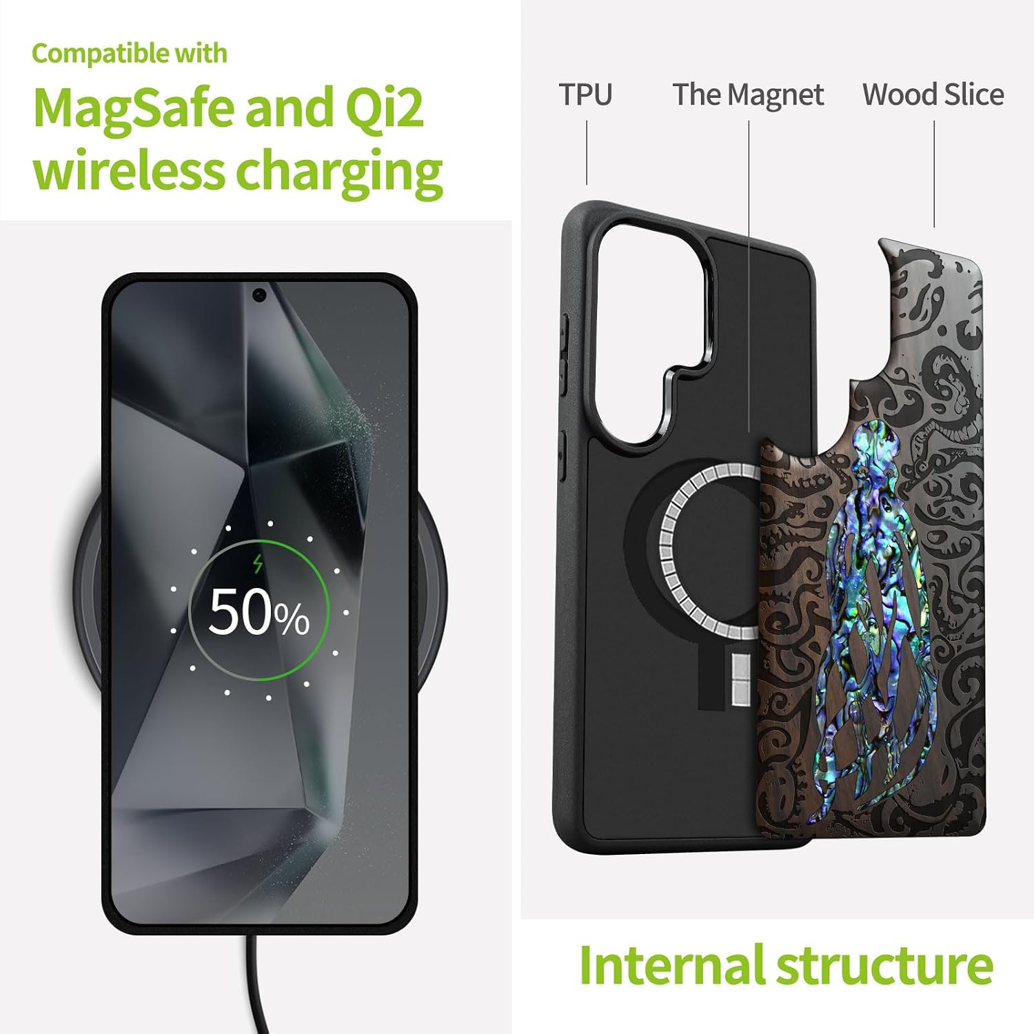 Carveit Magnetic Wooden Case for Samsung Galaxy S26 Ultra Case, Wood Artisan Engraved & Handmade Shell Inlaid, Compatible with MagSafe Wireless Chargers (Cephalopod's Nocturne) Blackwood
