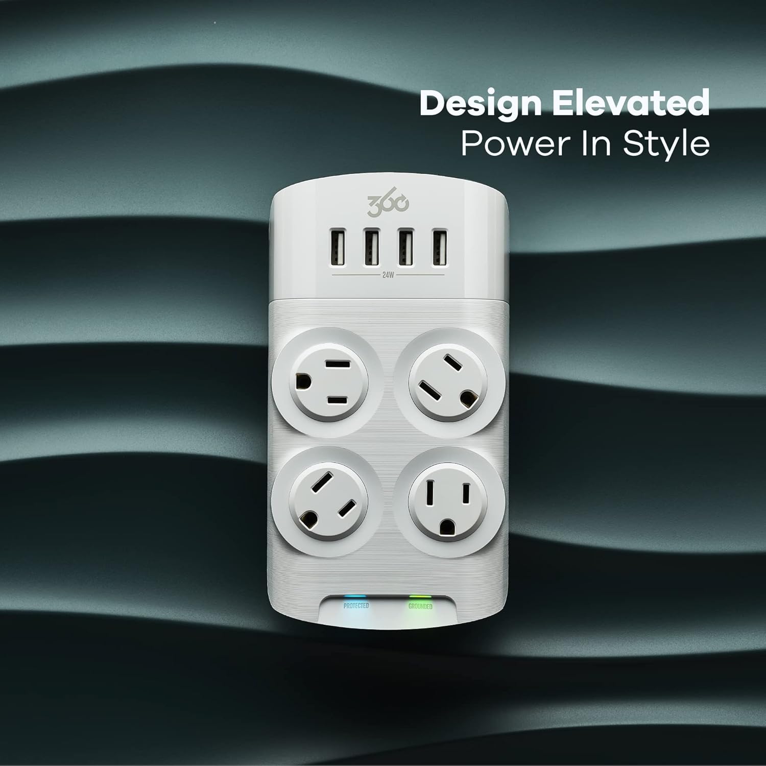 360 Electrical Revolve Wall Tap Power Surge Protector with 4 USB Ports, 4 24 W Rotating Outlets, Multi Plug Outlet Splitter, Adapter for Electric Wall Outlet, Swivel Outlets Fit 4 Large Plugs