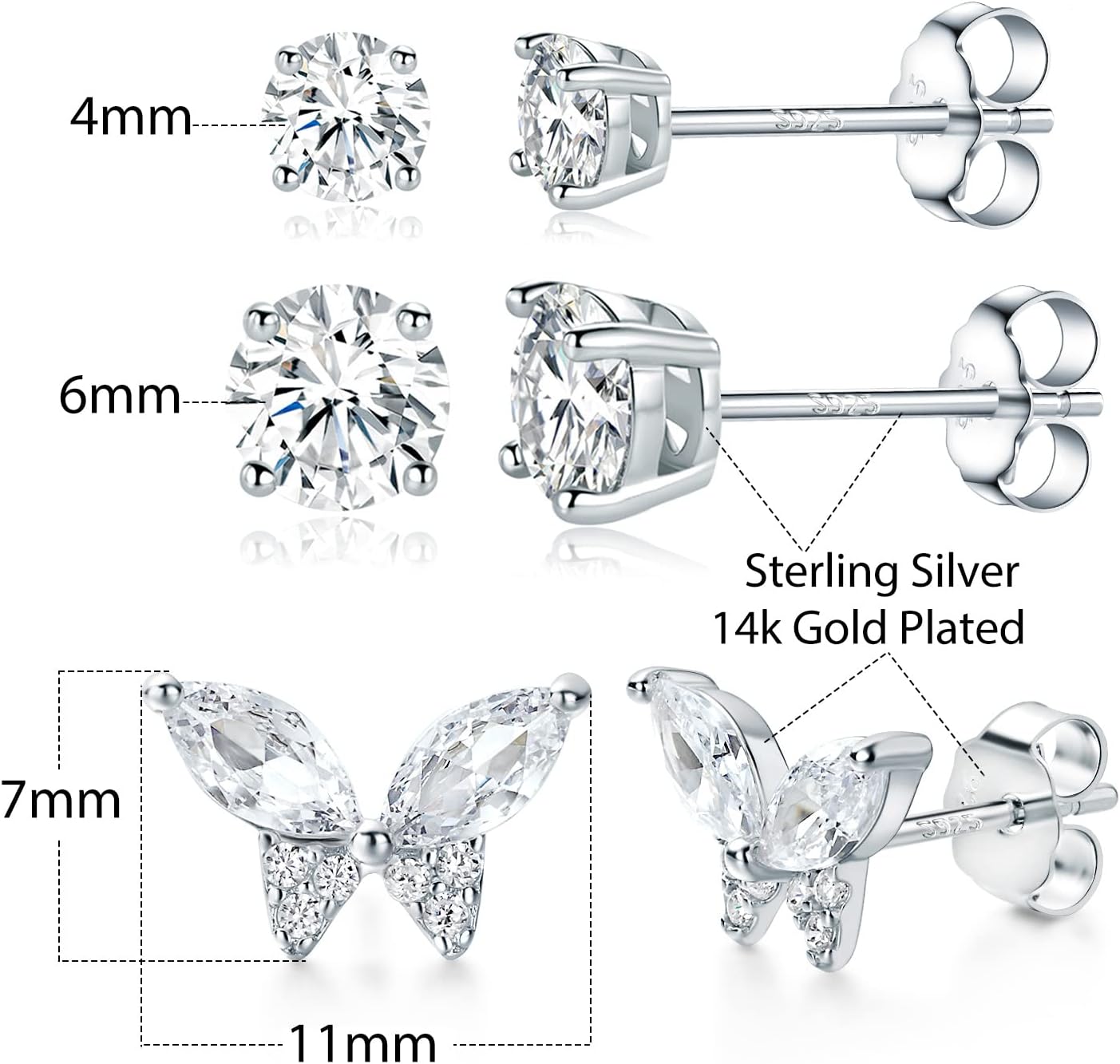 TIKJE 925 Sterling Silver Stud Earrings Sets, 14K Gold White Gold Plated Post Bumble Bee Butterfly Round Square Earrings Stud for Women, 2/3 Pairs (Nickel Free)