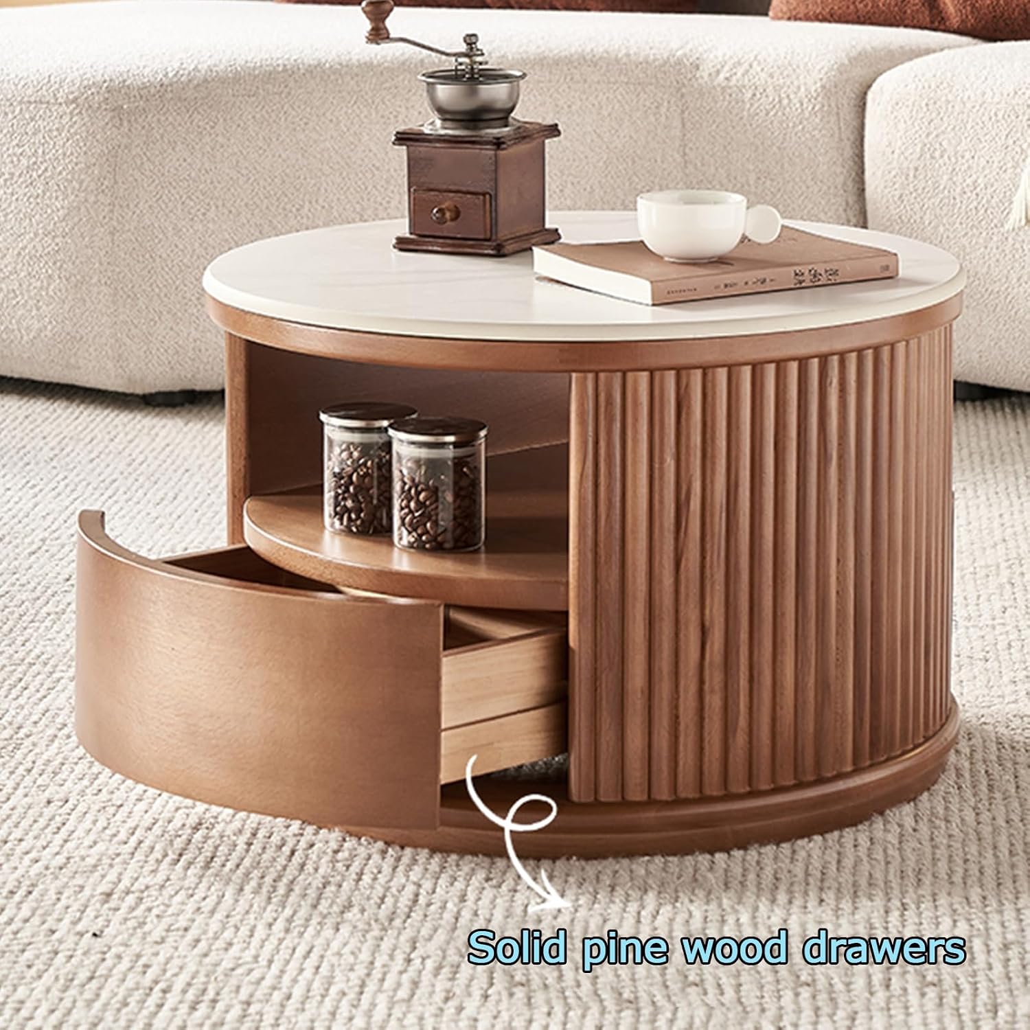 Coffee Table Set of 2, Nesting Table with Open Double-Layer Storage, Center Table with Drawers with Wooden Groove Rails, 360° Anti-Collision Design, for Small Spaces(Wood Color)