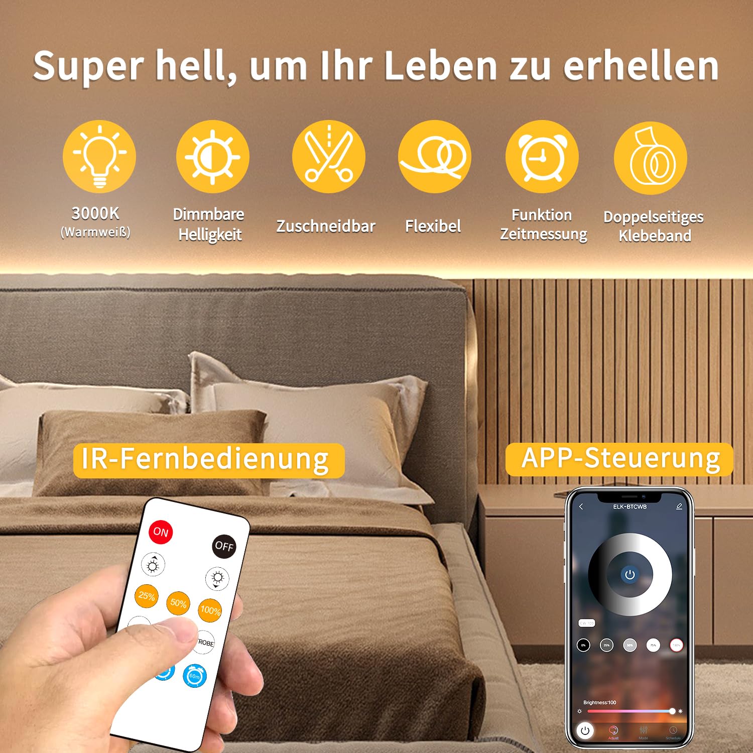 30m Dimmable COB LED Strip DC 24 V 3000K Warmweiß COB led streifen | Flexible Bright Under-Unit Light for Home Party DIY Decoration，App Steuerung mit Fernbedienung(2 Rollen von 50ft)