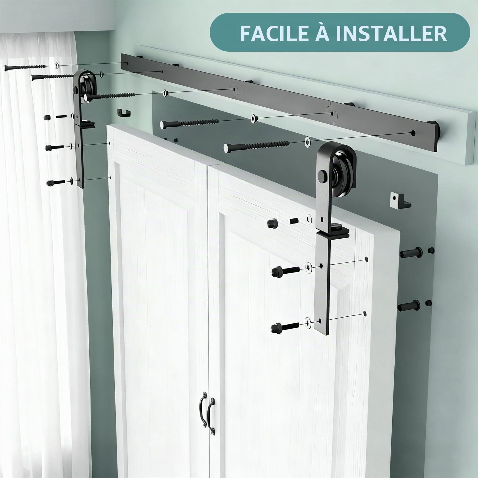 Kit complet de ferrures pour porte coulissante - 100 cm - Noir - Pour 2 portes - Peu encombrant - Rail de porte coulissante robuste