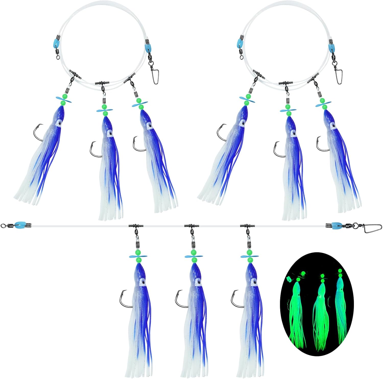 2 Pcs Deep Drop Rig, Glow Squid Lures with 3/6 Hooks, 200lb Leader & 6/0 8/0 Circle Hooks, Saltwater Flounder Halibut Rigs Glow in Dark