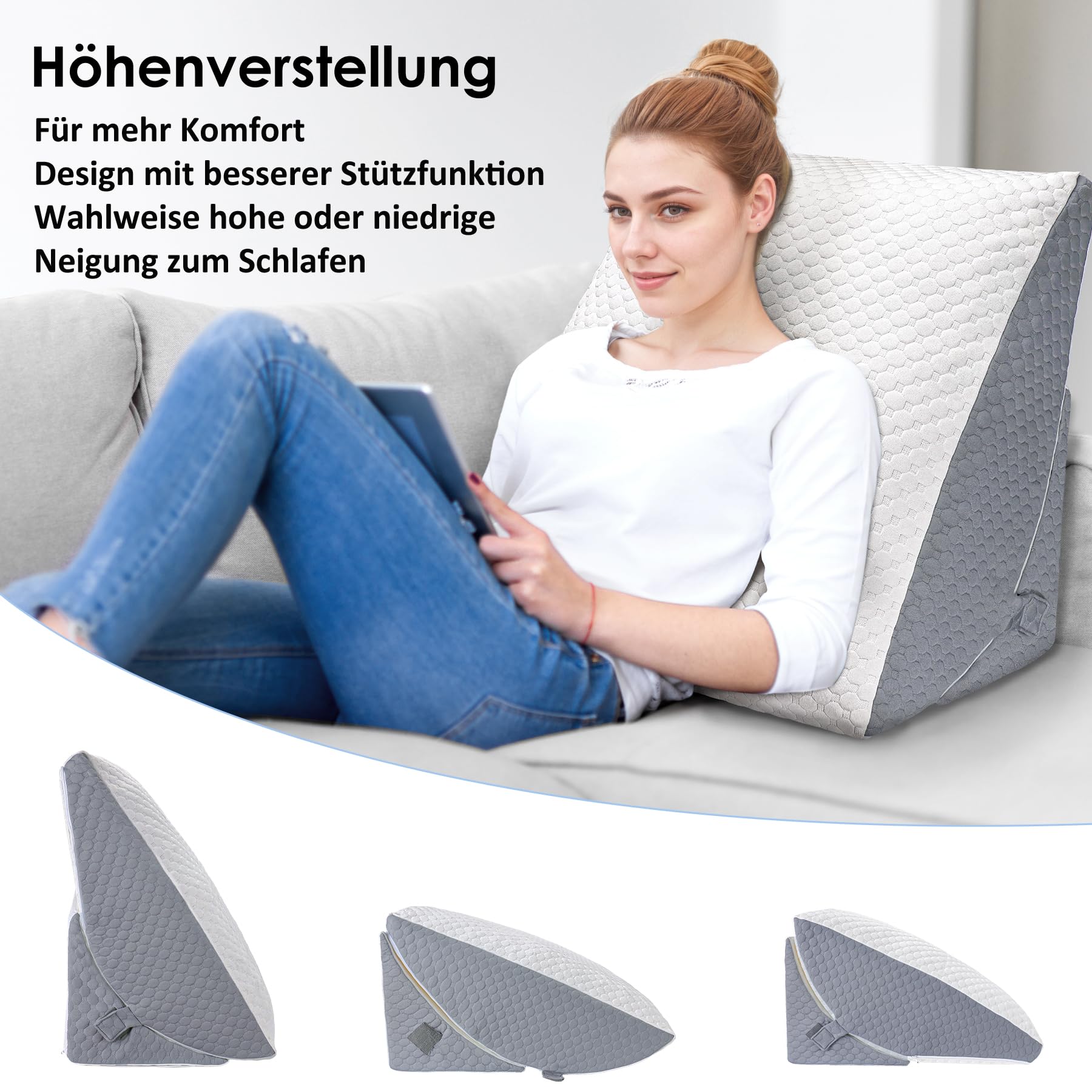 Verstellbares Keilkissen mit Memory-Schaum | Extra Memory-Schaum-Innenschicht, Verstellbarer Winkel, Waschbarer, atmungsaktiver Bezug, Als Rücken- und Beinstütze nutzbar