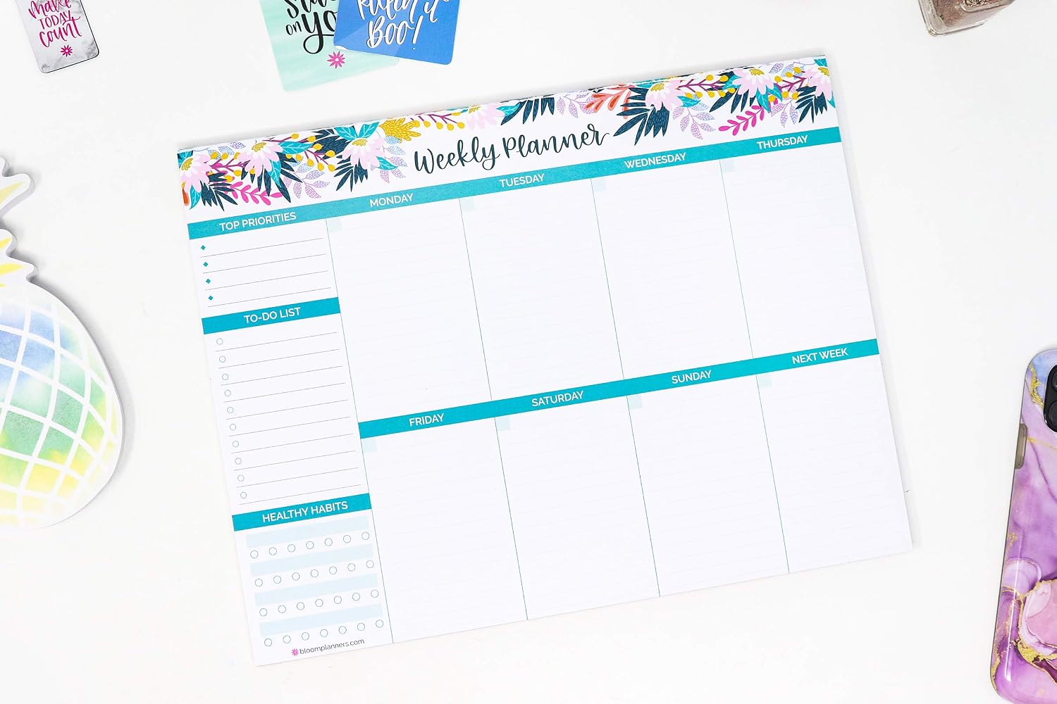 bloom daily planners Horizontal Weekly Tear-Off To Do List Planning Pad - Undated Notepad Organizer & Healthy Habit Tracker - 8.5” x 11” - Floral