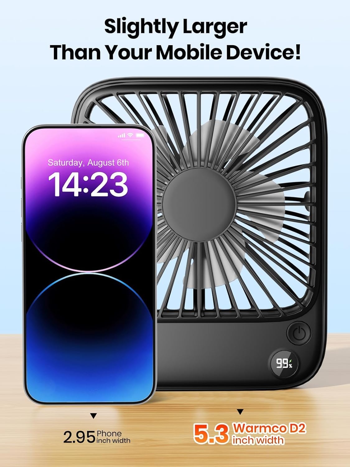 Warmco Portable Travel Fan 5000mAh, Ultra-thin Rechargeable Battery Operated Small Desk Fan, Quiet 4-Speed Personal Fans with 180° Tilt for Office, Camping, Cruise, Outdoor Black