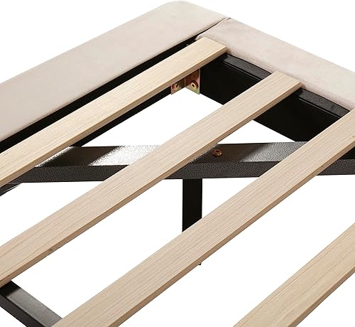 Miniatura 38 de Base de cama flotante tamaño Queen con luces LED y carga USB, marco de cama LED de plataforma tapizada moderna, no necesita somier (blanco-1)