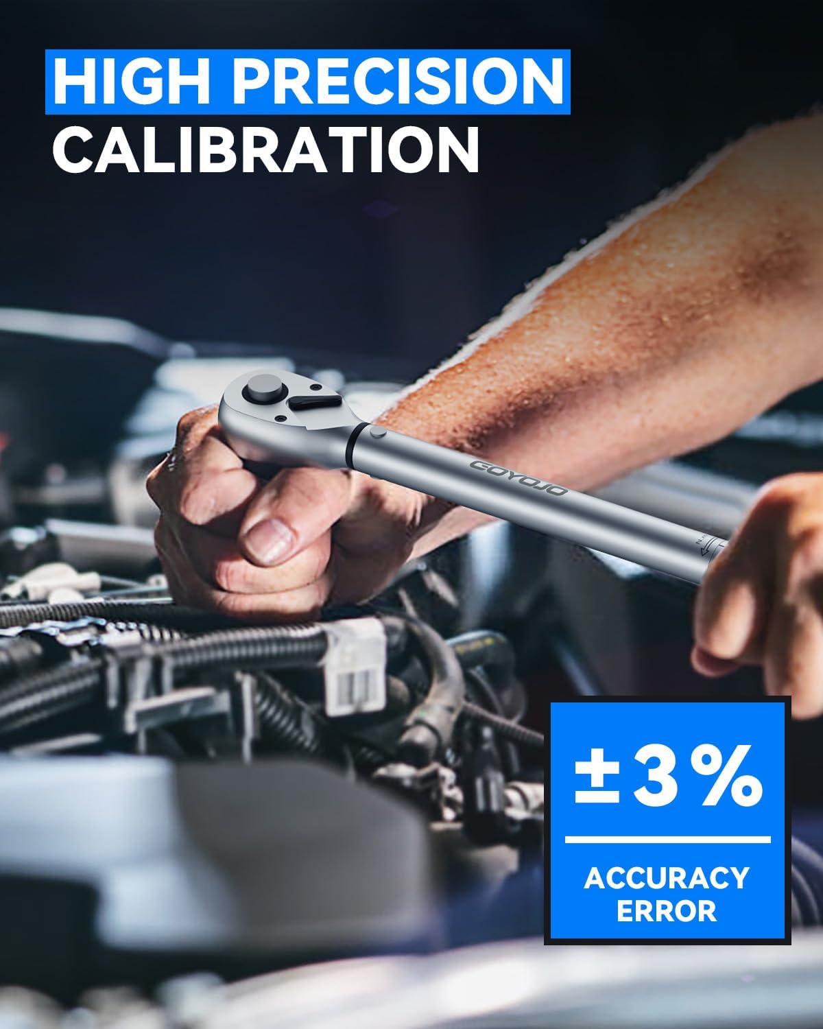 Torque wrench in use on an automotive engine, showing high precision calibration