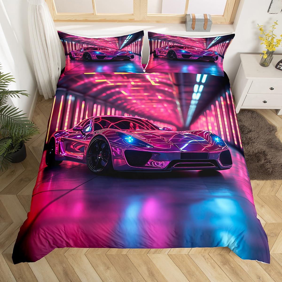 Sports Car Single Comforter Cover Racing Sports Bedding Set,Purple Neon Light Geometric Duvet Cover for Kids Teens Men Extreme Sport Automobile Bed Set