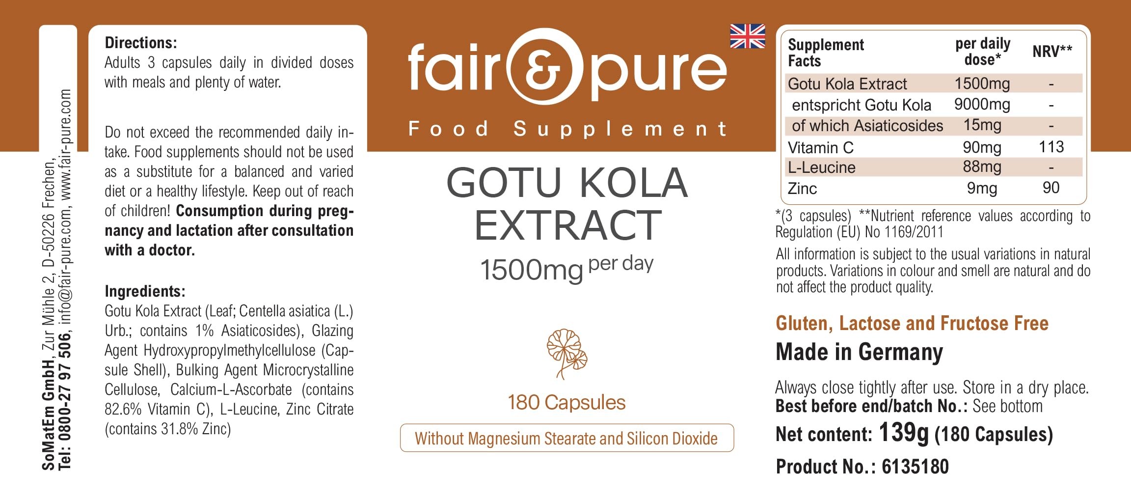 Fair & Pure® - Estratto di Centella asiatica 1500mg - 180 capsule - Centella asiatica - con vitamina C e zinco - vegano - altamente dosato