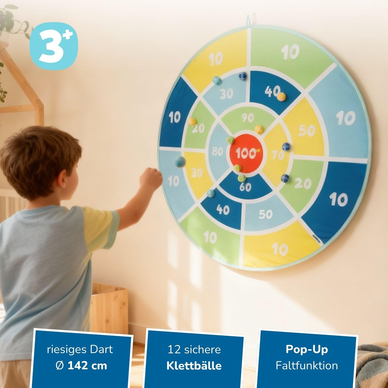 alldoro 60061 XXL Dart-Scheibe Ø 142 cm, riesiges, faltbares Klett-Dartboard, Indoor & Outdoor Wurfspiel für Kinder, 12 Klettbälle + Tragetasche, bunt