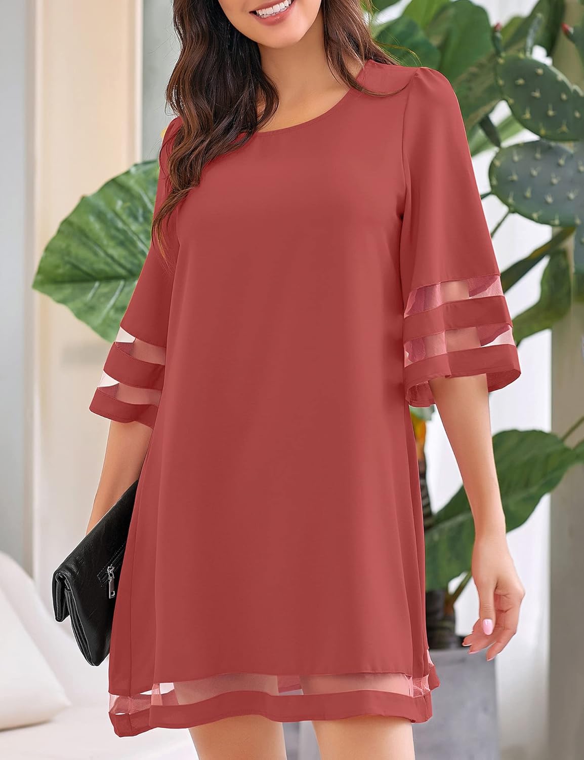 LookbookStore Women Casual Crewneck Mesh Panel 3/4 Bell Sleeve Loose Tunic Dress - Image 5